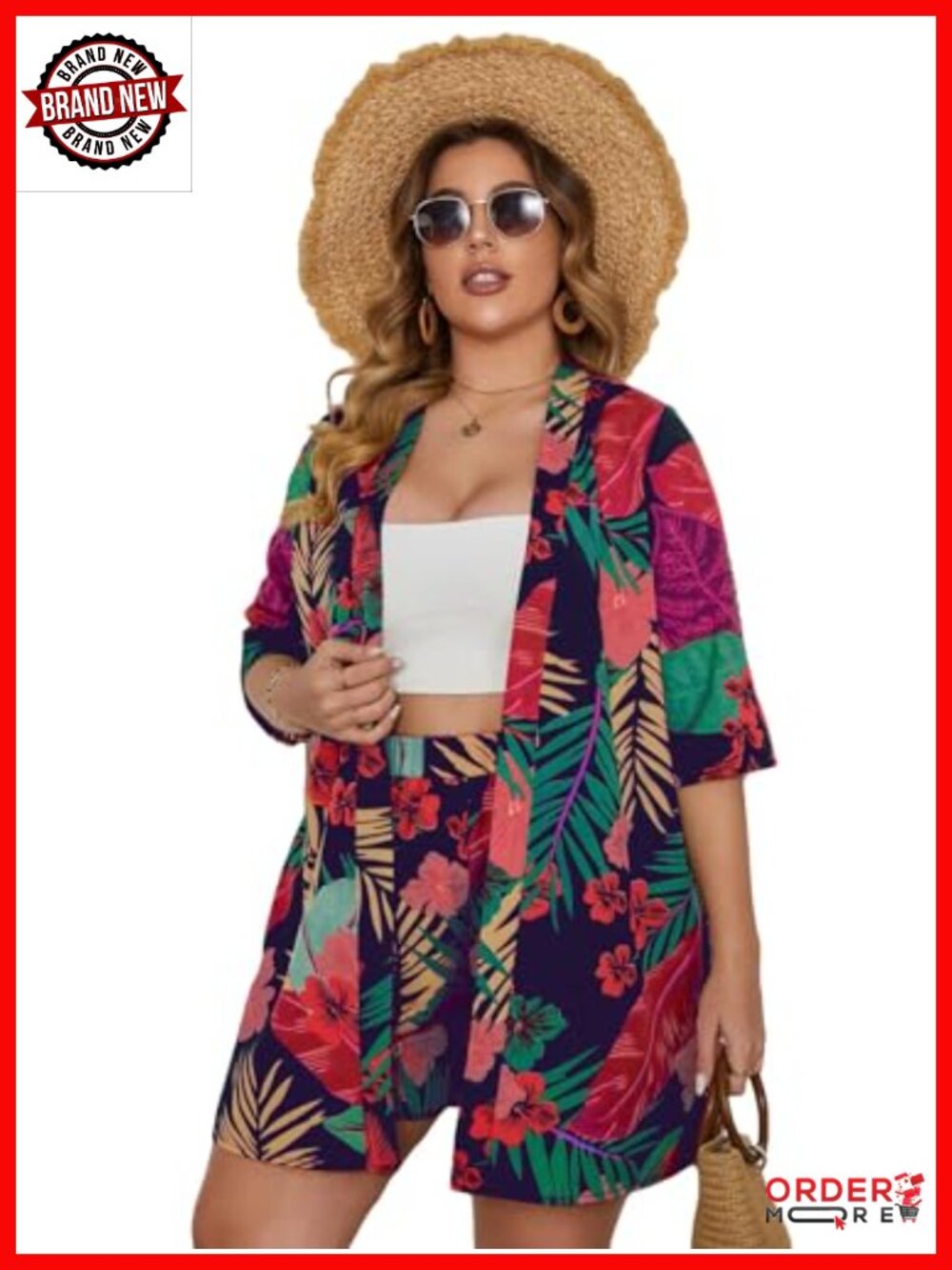 Plus Size 2 Piece Outfit Tropical Print Kimono Top and Shorts Set